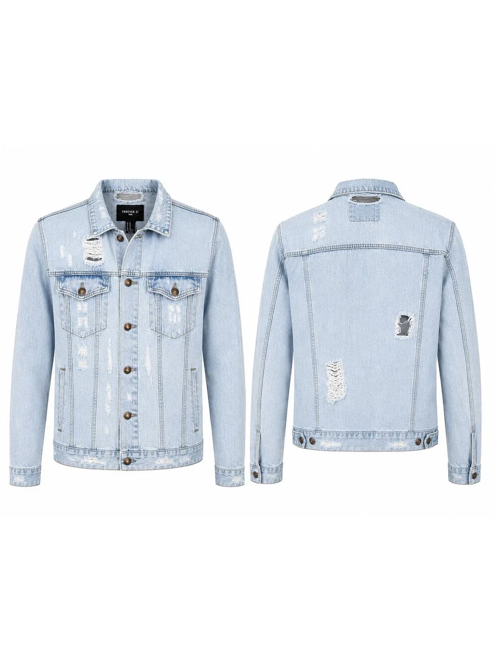 Forever 21 Mens Denim Jacket Size M Ripped Distressed Light Blue Fast Ship